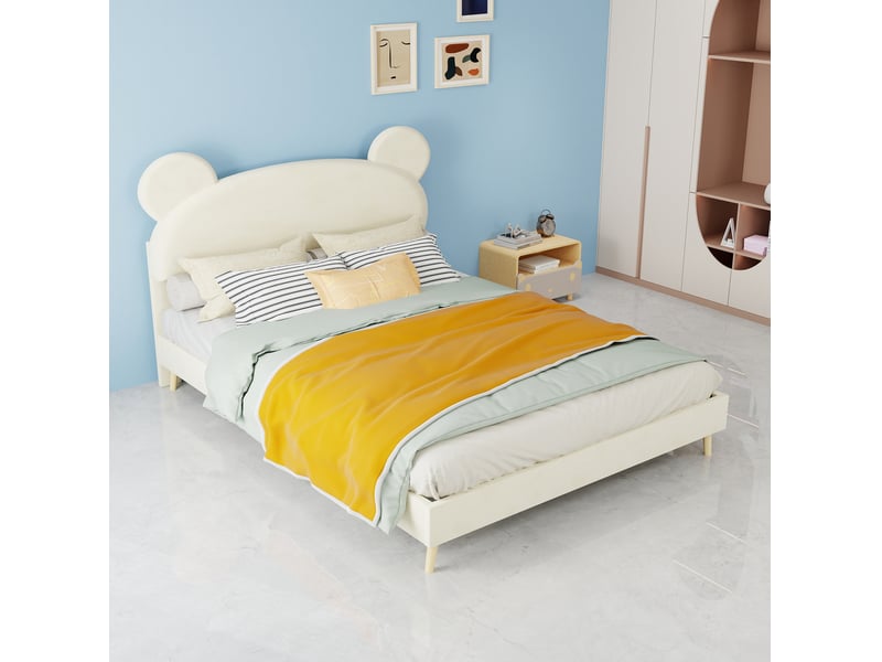  Lit enfant 140 × 200 cm 2 places avec tête de lit rembourrée, matelas inclus, en tissu et métal, beige  - Conforama C