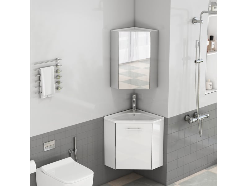  Meuble sous vasque d’angle avec miroir, charnières amorties et lavabo céramique pour salle de bain, en mdf, blanc  - Conforama C
