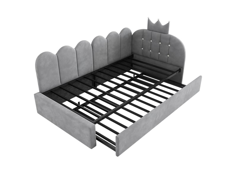  Canapé-lit pour enfant 90 × 200 cm, avec lit coulissant, forme en l, velours, gris  - Conforama R