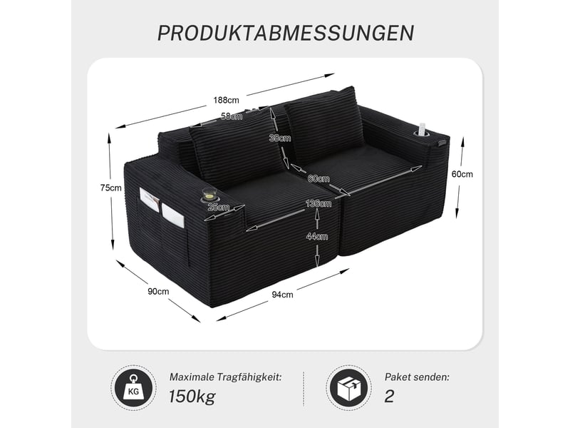 Canapé modulable, canapé 2 places, en velours, poches latérales, porte-gobelets, format compressé, sans montage  - Conforama R
