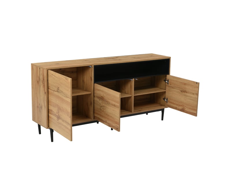  Buffet 160 x 35 x 76 cm bois naturel et noir, mdf, 3 portes et étagères pour salon ou salle à manger  - Conforama D