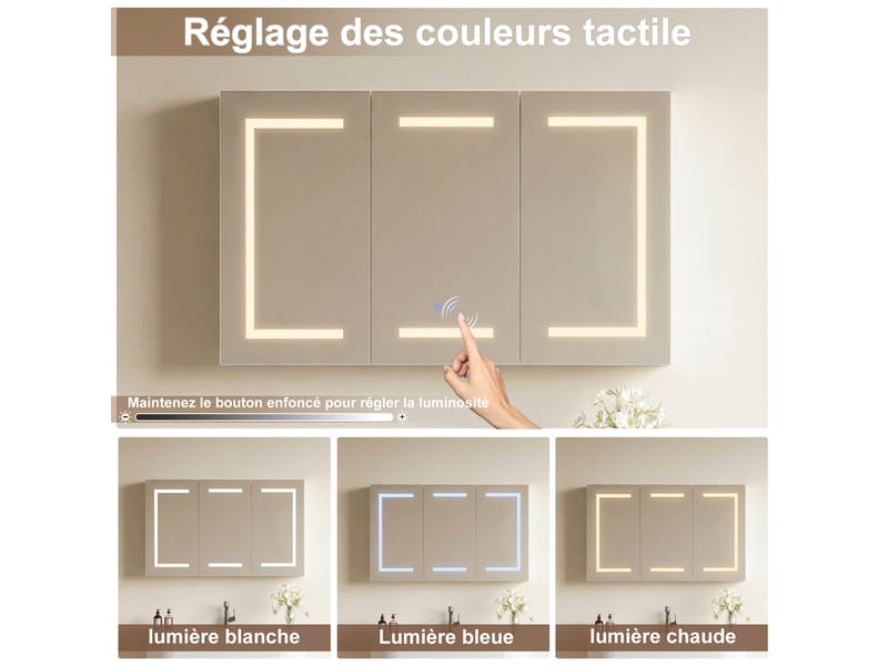  Armoire de toilette led 3 portes - 90 x 15 x 65 cm-blanc - meuble de salle de bain avec éclairage 3 couleurs, antibuée et prise  - Conforama E