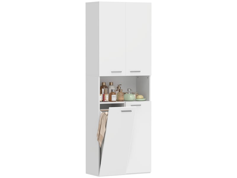 Meuble de salle de bain à deux portes, panier à linge pliable et compartiment ouvert, 60 x 30 x 174 cm, bois, blanc - Conforama A