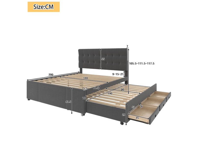  Lit simple 140x200cm, lit enfant avec trois tiroirs de rangement, lit extensible à roulettes, tête de lit réglable en hauteur, gris  - Conforama W