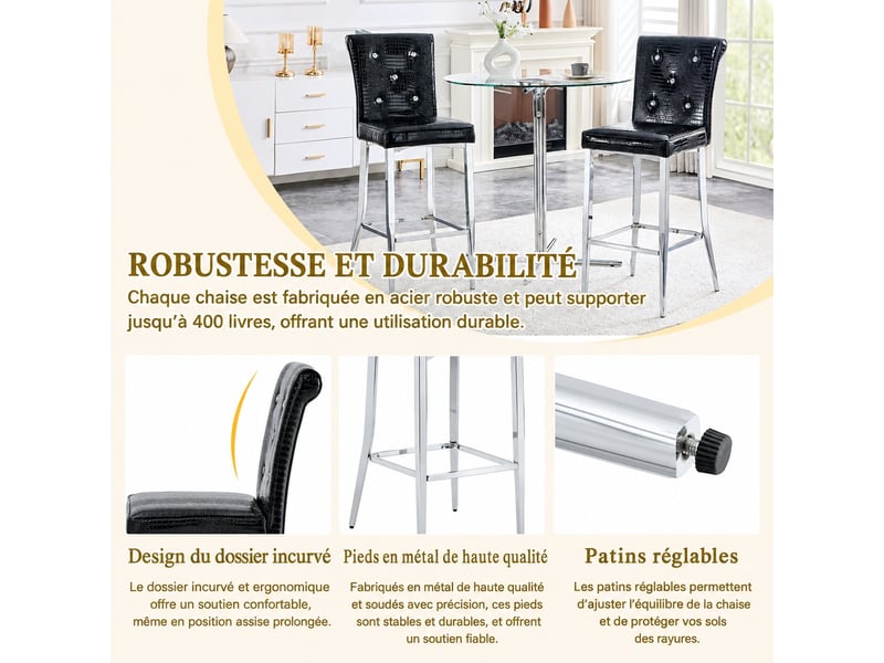  Tabourets de bar par 2, simili effet crocodile noir, pieds chromés, h. 114,3 cm  - Conforama D