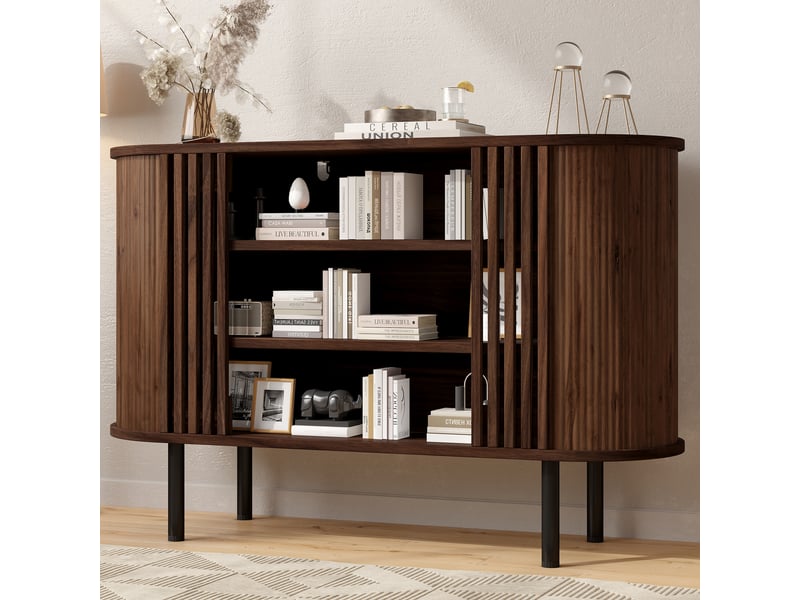 Buffet bas 120x40x80 cm avec 3 niches ouvertes et structure ajourée à lattes, meuble de rangement avec 4 pieds réglables en métal, mdf, coloris noyer Seren Glow - Conforama E