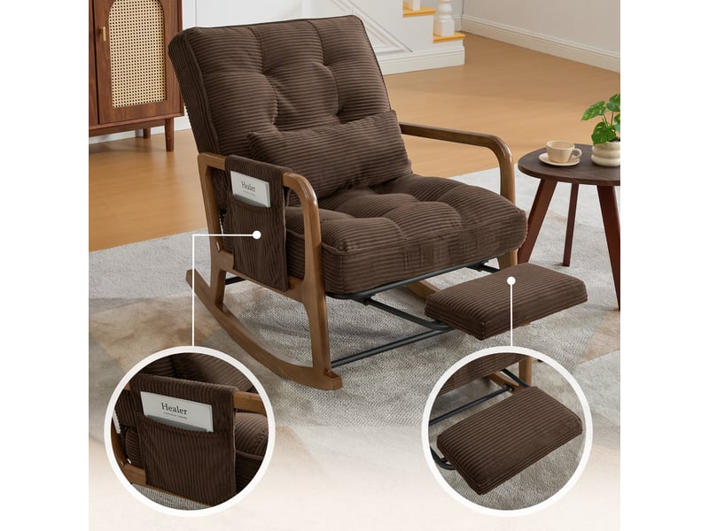  Fauteuil à bascule avec repose-pieds, dossier réglable et poche latérale en velours côtelé café, 70 × 80 × 92 cm  - Conforama E
