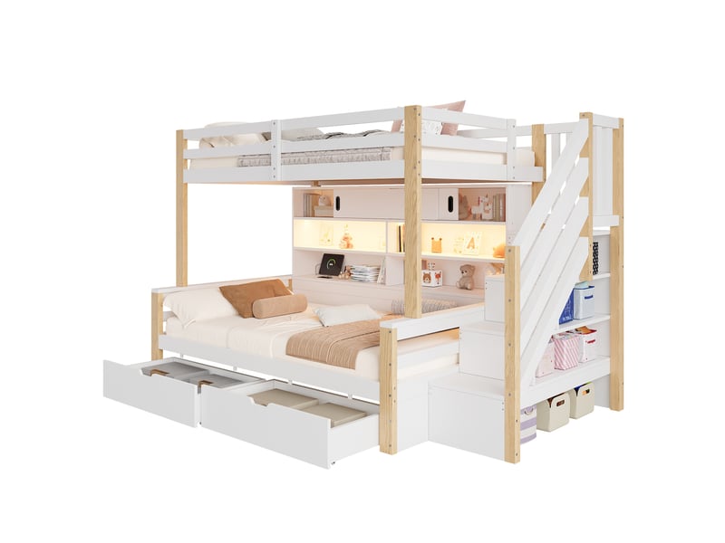 Lits superposés modenvie enfant 2 x 90 x 200 cm avec rangement led usb blanc et bois naturel - Conforama A