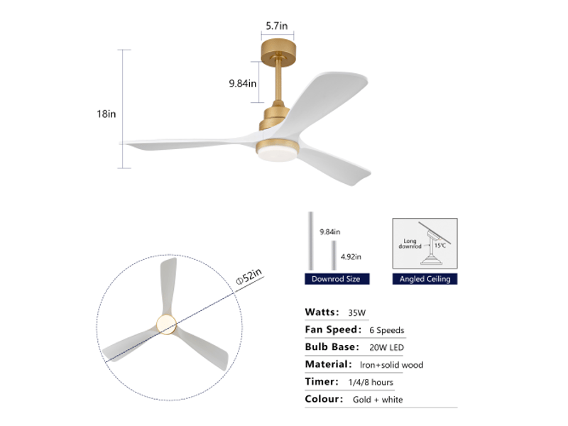 Ventilateur de plafond 132 cm avec lumière, télécommande, moteur dc silencieux, pales en bois massif, blanc et or - Conforama D