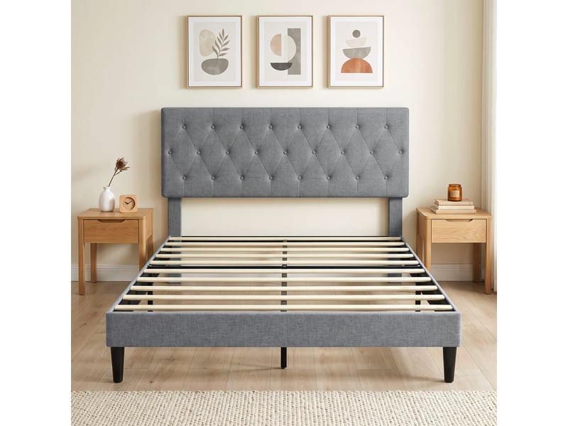  Cadre de lit 140 x 190 cm avec sommier, lit double rembourré en lin, tête capitonnée, support à 10 lattes, gris  - Conforama A