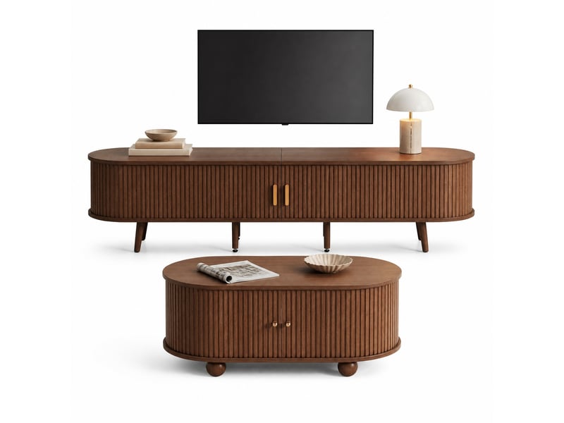  Ensemble meuble tv 170x40x42 cm et  table basse 100x50x40 cm, 2 tiroirs, portes coulissantes, mdf, noyer foncé  - Conforama A