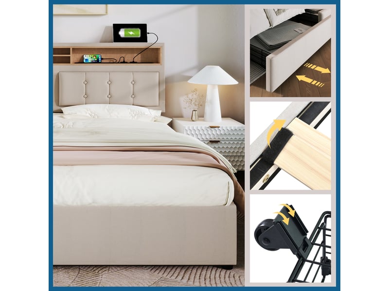  Lit double 140x200 capitonné avec 4 tiroirs et prise usb c  - Conforama B