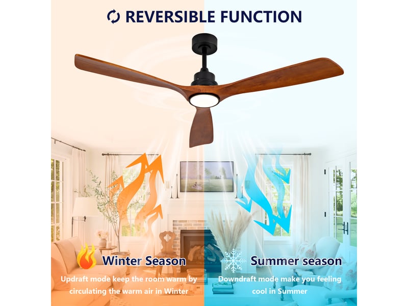 Ventilateur de plafond 152 cm éclairage led 3 couleurs dimmable 3 pales métal et bois noyer et noir réversible 6 vitesses - Conforama B