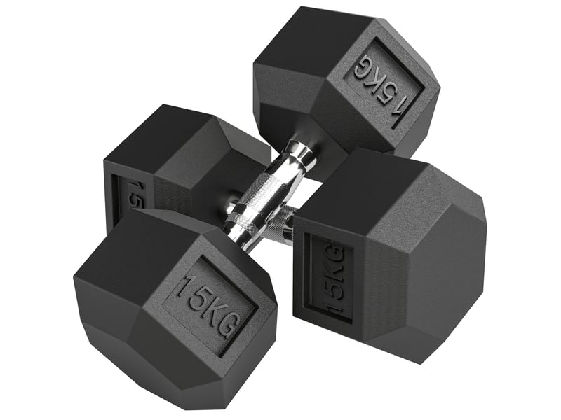  Lot de 2 haltères hexagonales de 15 kg avec poignée antidérapante, acier et caoutchouc, ø 15,5 x 33,6 cm, noires  - Conforama A