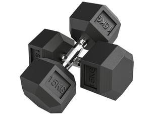 Lot de 2 haltères hexagonales de 15 kg avec poignée antidérapante, acier et caoutchouc, ø 15,5 x 33,6 cm, noires