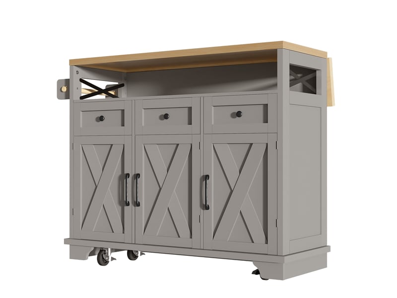  Desserte de cuisine 118x43-80x98 cm grise mdf et métal, plan rabattable, rangement et 5 roulettes  - Conforama D