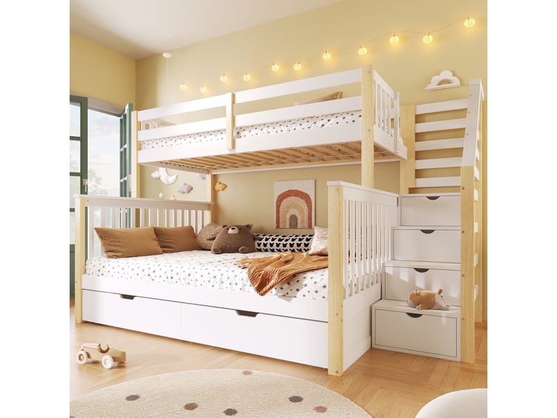  Lit superposé 90x200 sur 140x200 avec tiroirs de rangement, lit enfant en bois massif, escalier latéral, blanc et nature.  - Conforama R