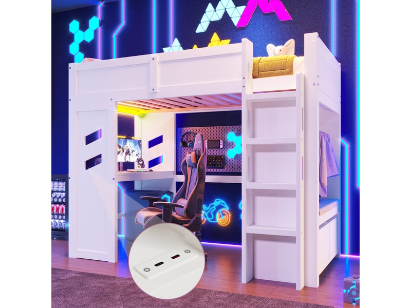  Lit mezzanine gaming 90x200cm avec bureau, led, usb et type-c, échelle, tiroir, sans matelas, blanc, structure pin  - Conforama C
