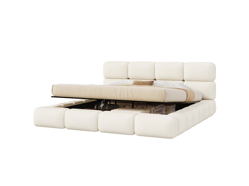  Lit coffre 200x200 cm blanc, tissu bouclé, sommier relevable hydraulique, design nuage, tête de lit rembourrée 12 cm, sommier à lattes inclus  - Conforama A