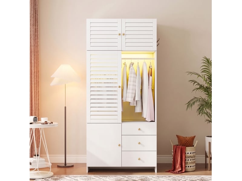  Armoire 90x50x200 cm blanche avec led, panier à linge et 3 tiroirs  - Conforama E