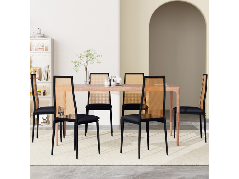  Lot de 2 chaises de salle à manger à dossier haut en rotin – design noir et naturel, assise rembourrée noire, style industriel et champêtre  - Conforama D