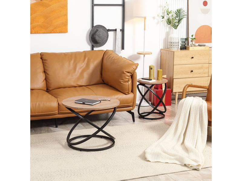  Table basse ronde style industriel en métal noir et plateau en bois - dim. Ø 60 x 46h cm  - Conforama R