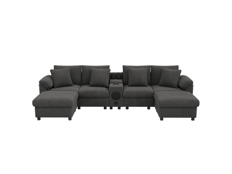  Canapé d'angle, forme u et l modulable canapé modulable, cord tissu, rangement intégré, charge sans fil usb, haut-parleur bluetooth  - Conforama A