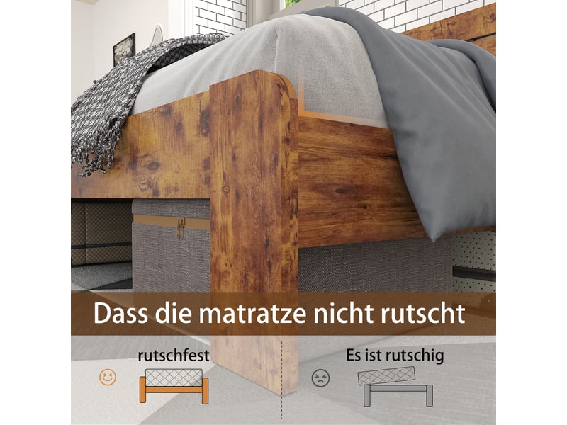  Lit double 140×200 cm tête de lit haute, cadre métal  - sans matelas, mdf et métal - marron  - Conforama E