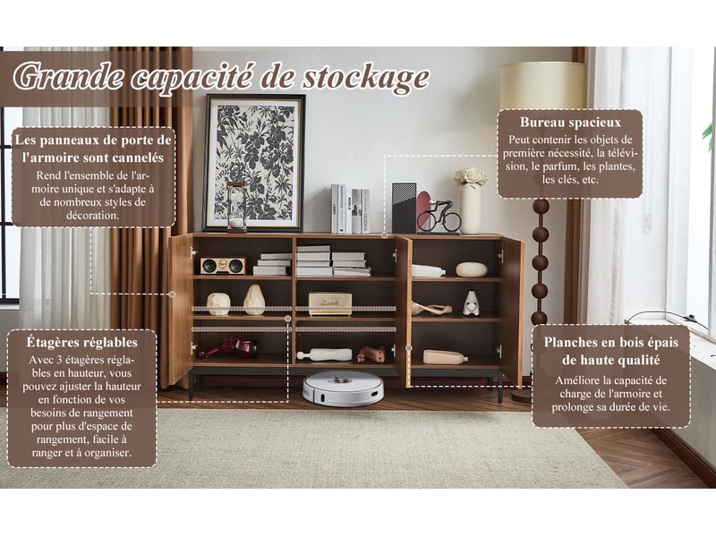 Buffet 150 cm en bois, 3 portes, design ondulé 3d, étagères réglables, dispositif anti-basculement - Conforama E