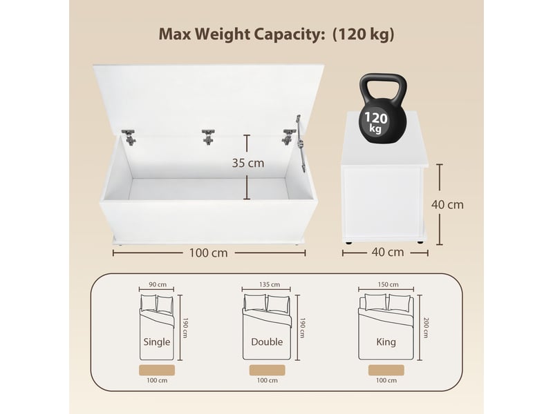  Coffre de rangement, banc de rangement avec couvercle rabattable et charnières de sécurité, banc chaussures, meuble d'entrée, couloir, chambre, salon, blanc, 100 x 40 x 40 cm  - Conforama C