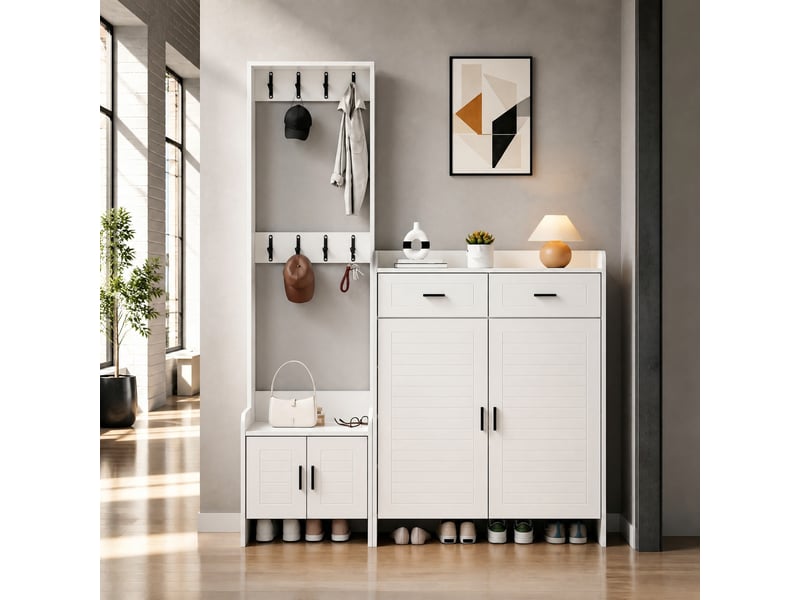  Meuble d’entrée à chaussures avec 2 portes, 2 tiroirs, 6 étagères et 8 crochets pour couloir en mdf blanc 125×36×165 cm  - Conforama B
