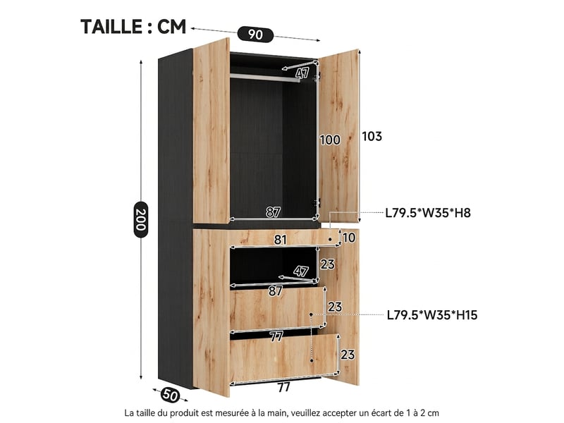  Vestiaire d'entrée avec miroir et led, armoire penderie 135 cm, 5 tiroirs, finition chêne  - Conforama W