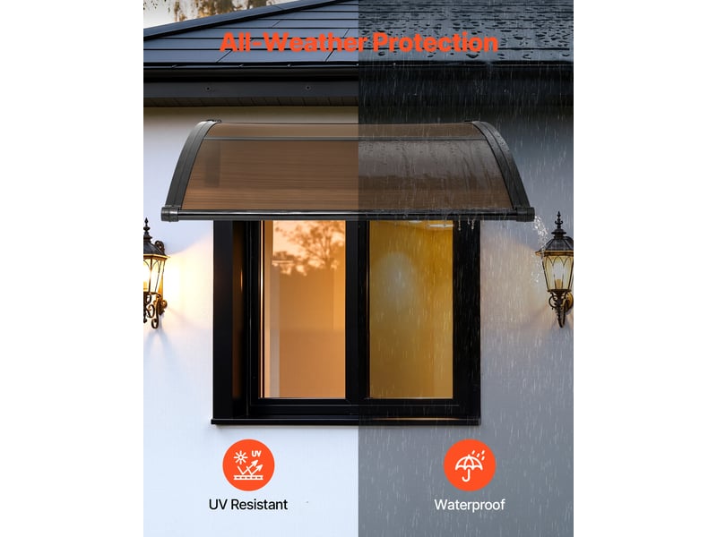  Vevor auvent de porte deentree 96,5x101,7 cm marquise de porte exterieur polycarbonate pour fenetres de porches balcons, protection contre pluie, neige, soleil, avec drainage, support en abs, marron  - Conforama C
