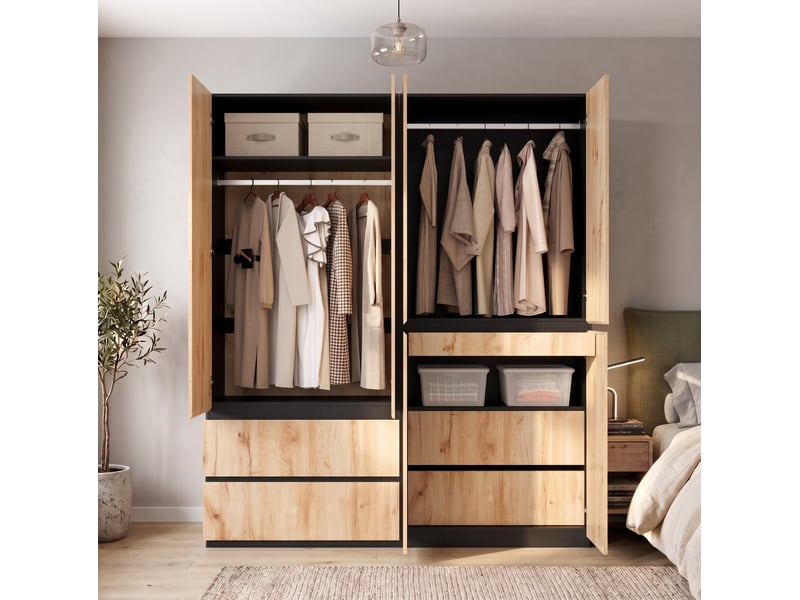  Armoire battante 180x50x200 cm, 2 tringles, 5 tiroirs, mdf, bois et noir, chambre et dressing, rangement vêtements déco  - Conforama D
