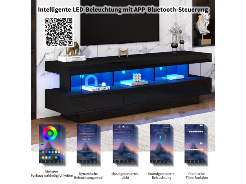  Meuble de tv 160cm noir haute brillance 160x38x50,5 cm, 3 étagères en verre, éclairage led pilotable par application et connectivité  - Conforama D
