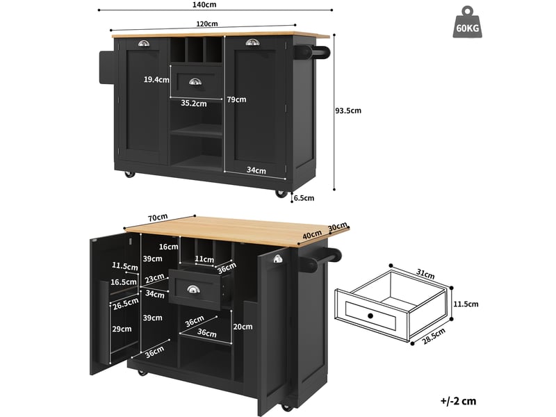  Desserte de cuisine noire 140 cm avec plateau rabattable, rangement et roulettes  - Conforama C