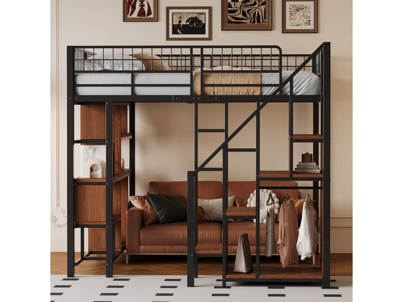Lit mezzanine 140x200 cm métal pour adulte et ado avec escalier et rangements, design moderne en mdf + contreplaqué - noir - Conforama E