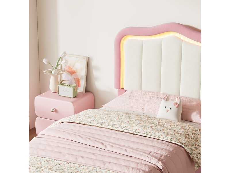  Lit enfant 90x200 cm, tiroir, tête de lit rembourrée, tiroir au pied, led pilotable par appli, velours rose, sans matelas  - Conforama E