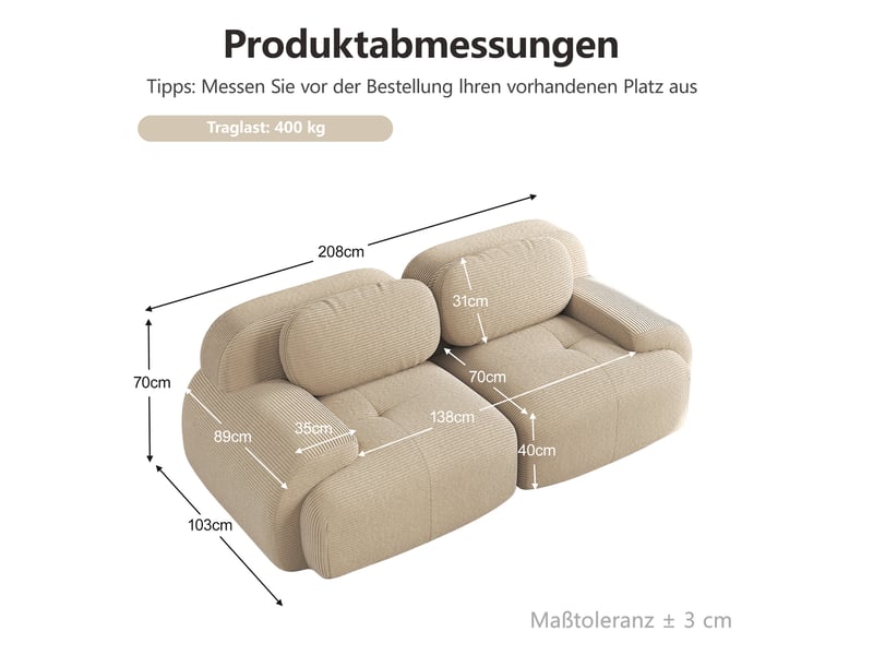  Canapé 2 places modulable 208x103x75 cm en velours côtelé beige  - Conforama D