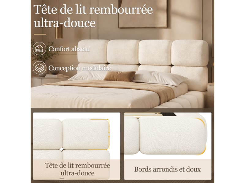  Lit double 180x200 cm – lit hydraulique avec rangement intégré – tête de lit capitonnée blanc bouclé – design bubble  - Conforama D