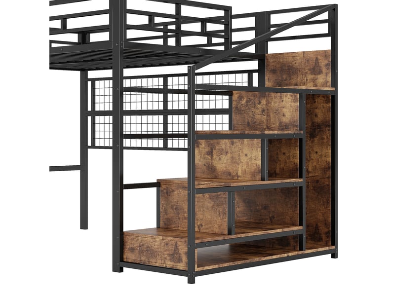  Lit mezzanine 140x200 cm en fer noir avec armoire intégrée, échelle, rangements suspendus, led 7 couleurs, sans matelas  - Conforama E