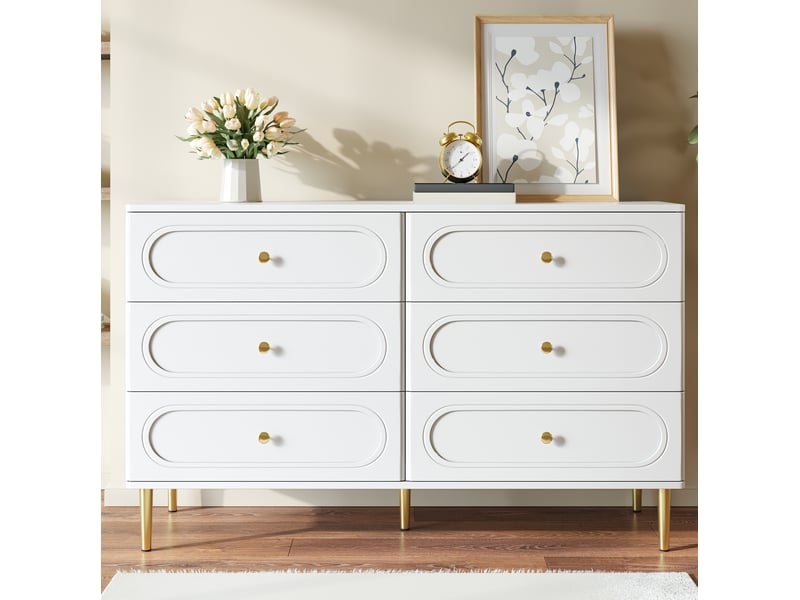  Buffet bas blanc 6 tiroirs avec pieds et poignées en métal, 120 x 40 x 75 cm  - Conforama D