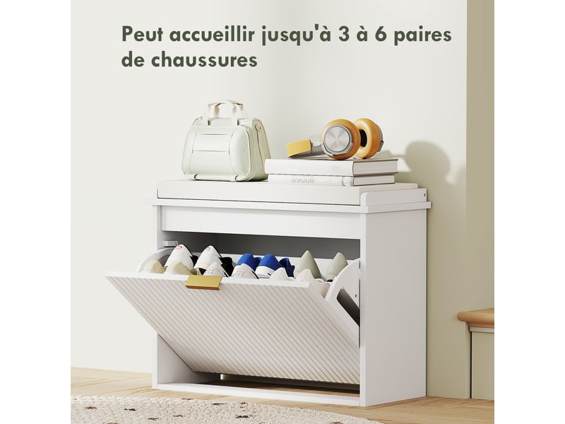 Banc à chaussures avec coussin d'assise rembourré et tiroir rabattable pour couloir, chambre, blanc, 62 x 26 x 47,5 cm - Conforama E