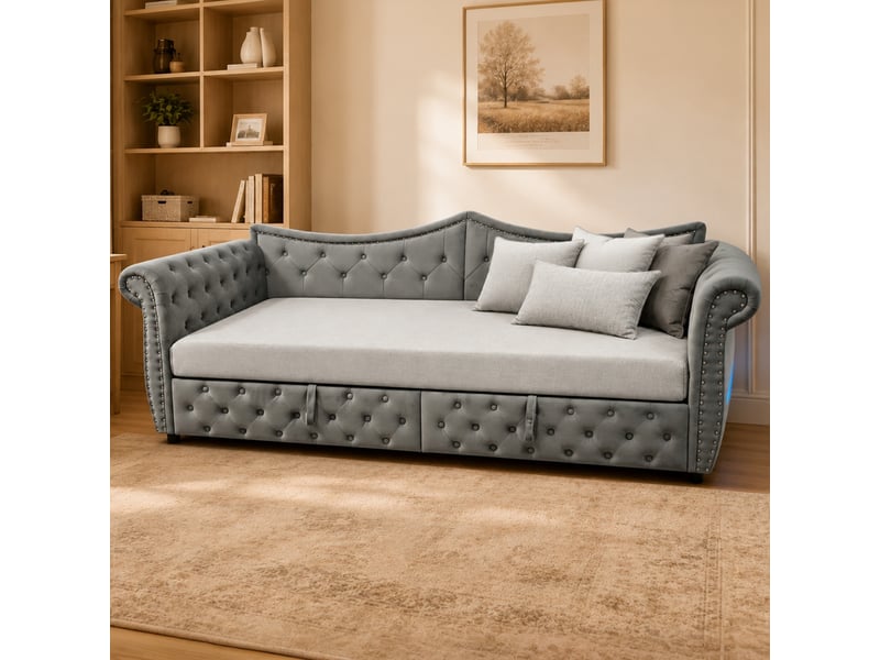  Canapé-lit 3 en 1 capitonné 90x200cm,lit gigogne extensible en 180cm,usb et éclairage led,finition cloutée,velours,sans matelas,gris  - Conforama W