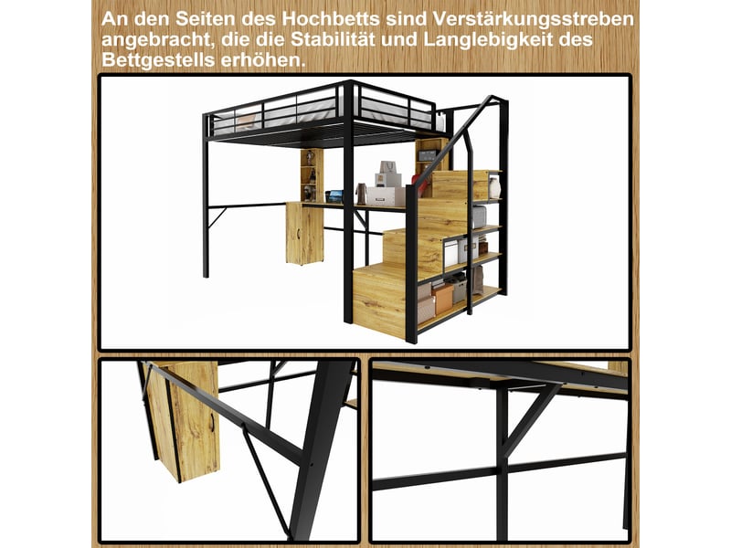  Lit mezzanine 140x200 cm bureau intégré escalier avec rangement garde-corps matelas non inclus métal et mdf noir OPULERANE TRADING LTD - Conforama E