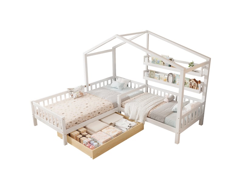  Lit enfant cabane en l 90x200 et 140x70 cm avec tiroir, étagères et sommier blanc  - Conforama A