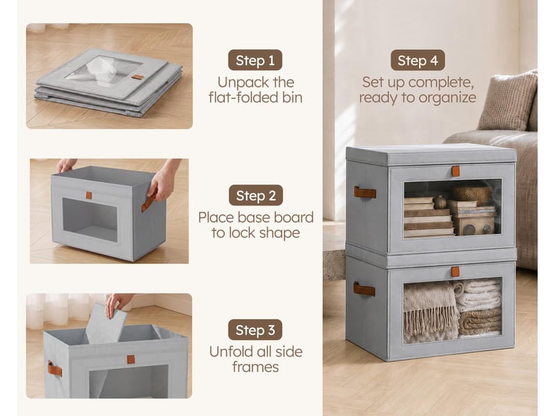  Lot de 1 bacs de rangement pliables en toile oxford gris avec fenêtre – organiseur pour vêtements et dressing  - Conforama E