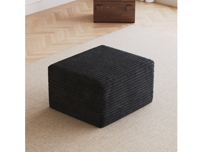  Pouf ottoman 1 place avec rembourrage en mousse haute élasticité, revêtement côtelé en tissu noir 65 × 60 × 38 cm  - Conforama C