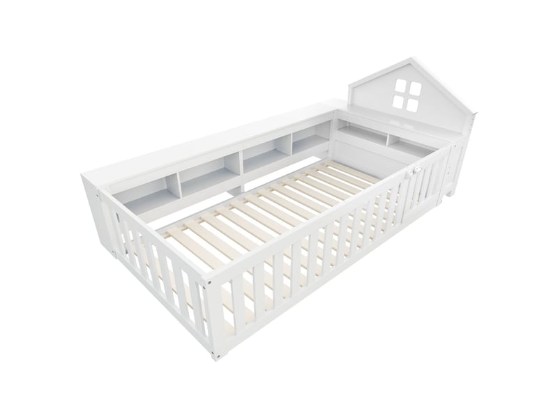  Lit cabane enfant 90x200, garde-corps haut sécurité renforcée lit enfant, structure bois massif, rangement intégré, design ludique  - Conforama D
