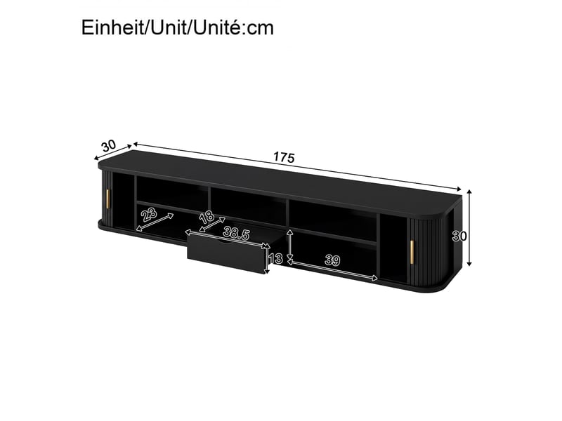  Meuble tv mural 175 cm en mdf noir avec portes coulissantes et éclairage led  - Conforama E